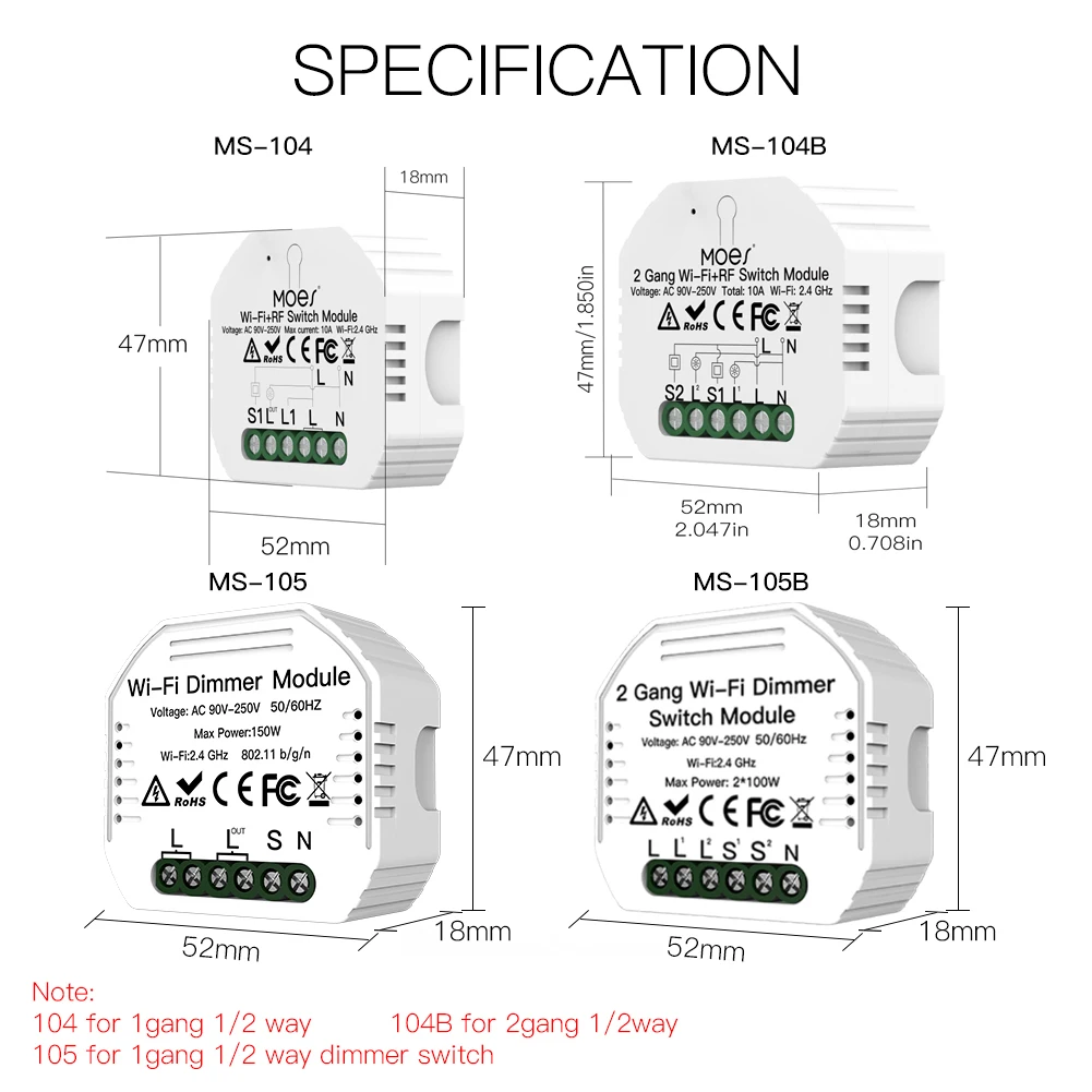 MOES WiFi Smart Light Dimmer Module / Switch Module Smart Life Tuya Remote Control Work with Alexa Google Home 1/2 Way 1/2 Gang
