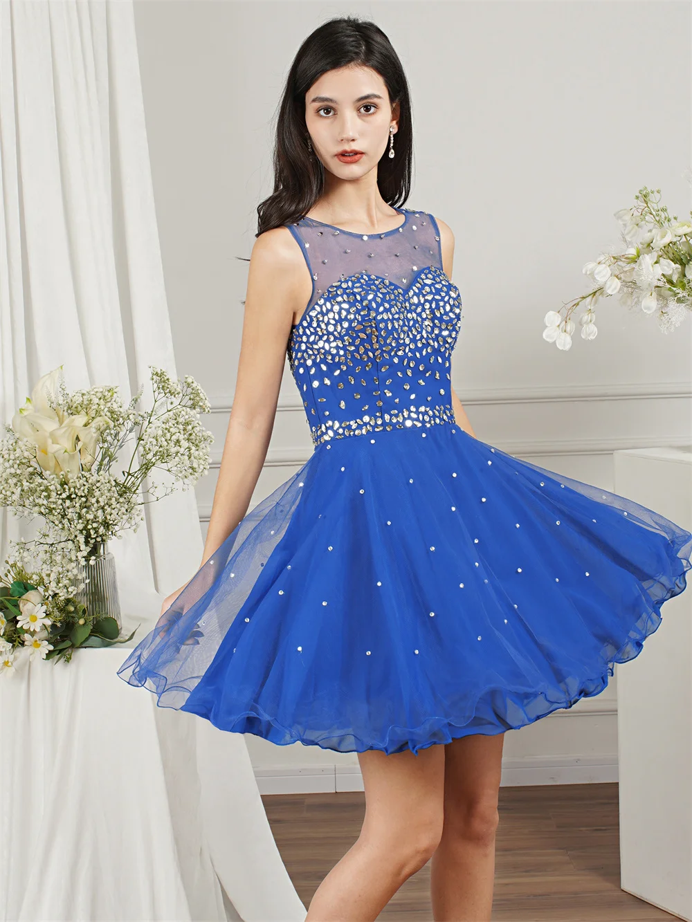MisShow Soft Tulle Royal Blue Short Women Dresses Luxury Crystals Stones Puffy Mini Dress for Evening Prom Party Vestido Corto
