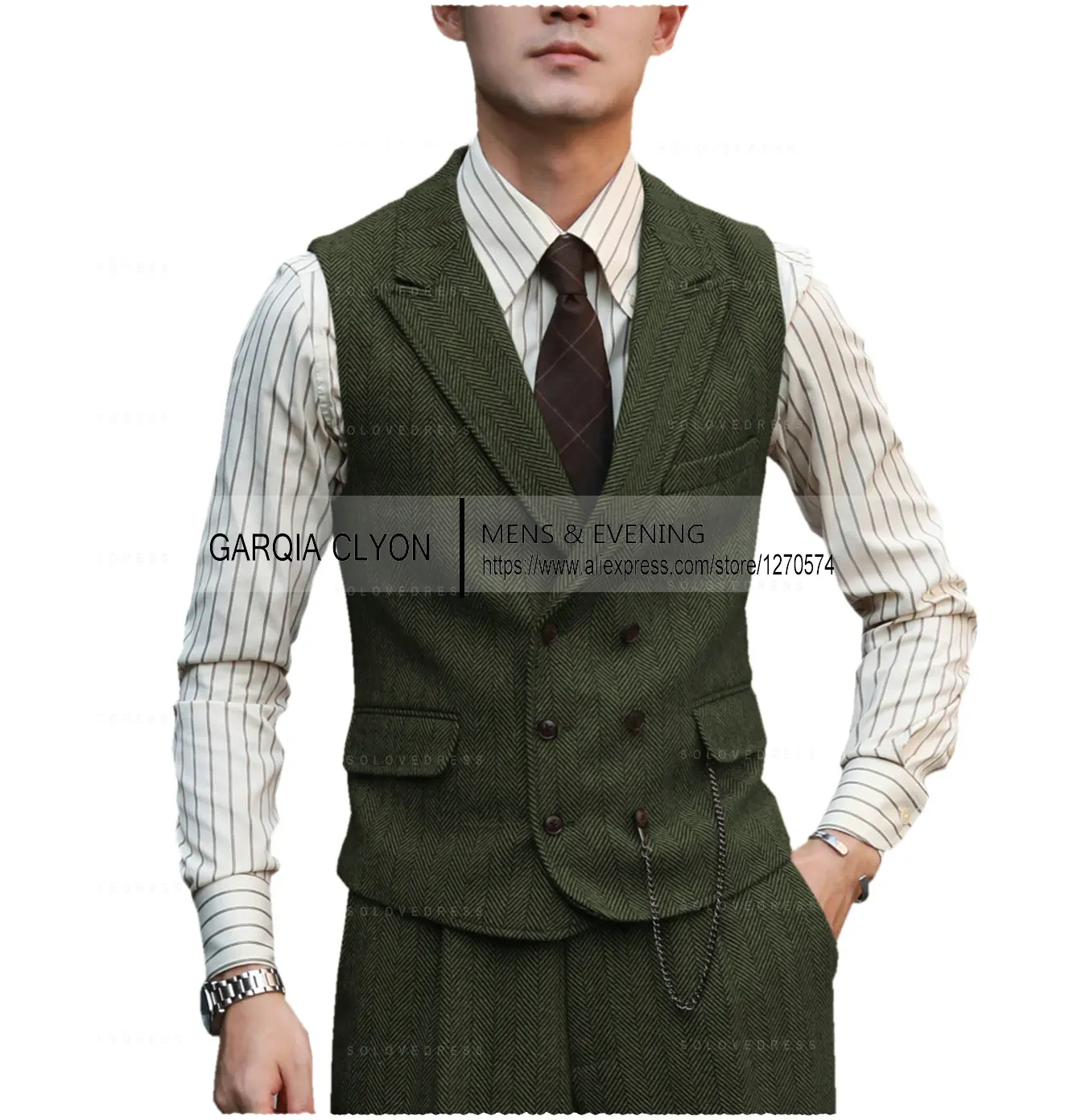 2 Pieces Herringbone Fabric Silm Fit Double-Breasted Men's Suits Causal Business Waistcoat Groom For Wedding（Vest+Pants）