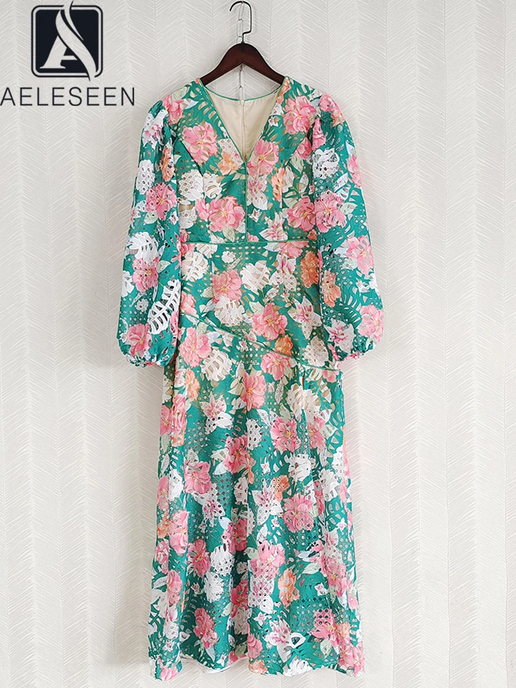 

AELESEEN Fashion Designer Long Dress Women Spring Summer Lantern Sleeve V-Neck Green Pink FLower Print Hollow Out Splited Party