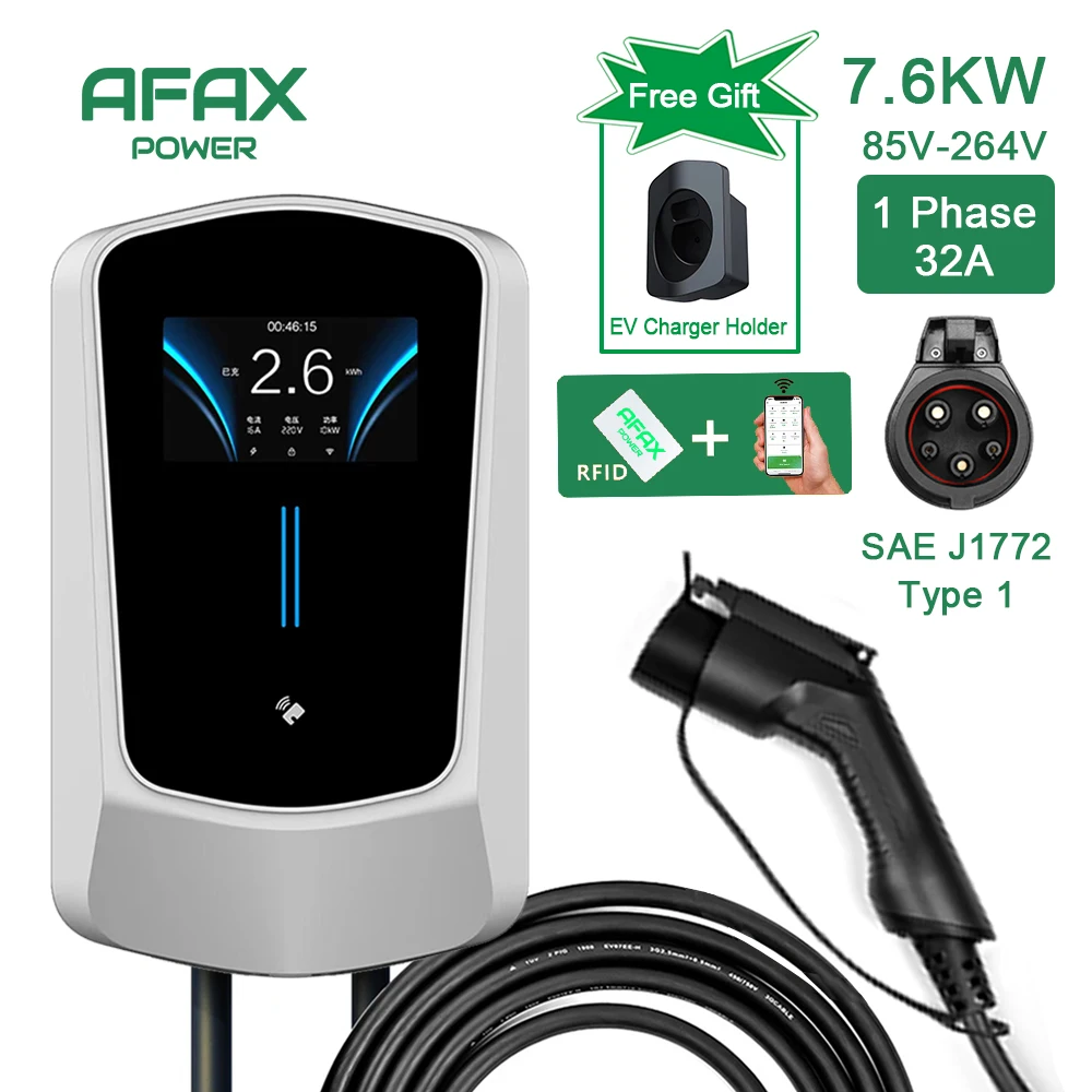 Afax Ev Charger Type1 50A Evse Cavo Di Ricarica 7.6/9.6/12Kw Type1 Cavo Tesla Plug Sae J1772 Controller Wallbox Per Auto Elettrica