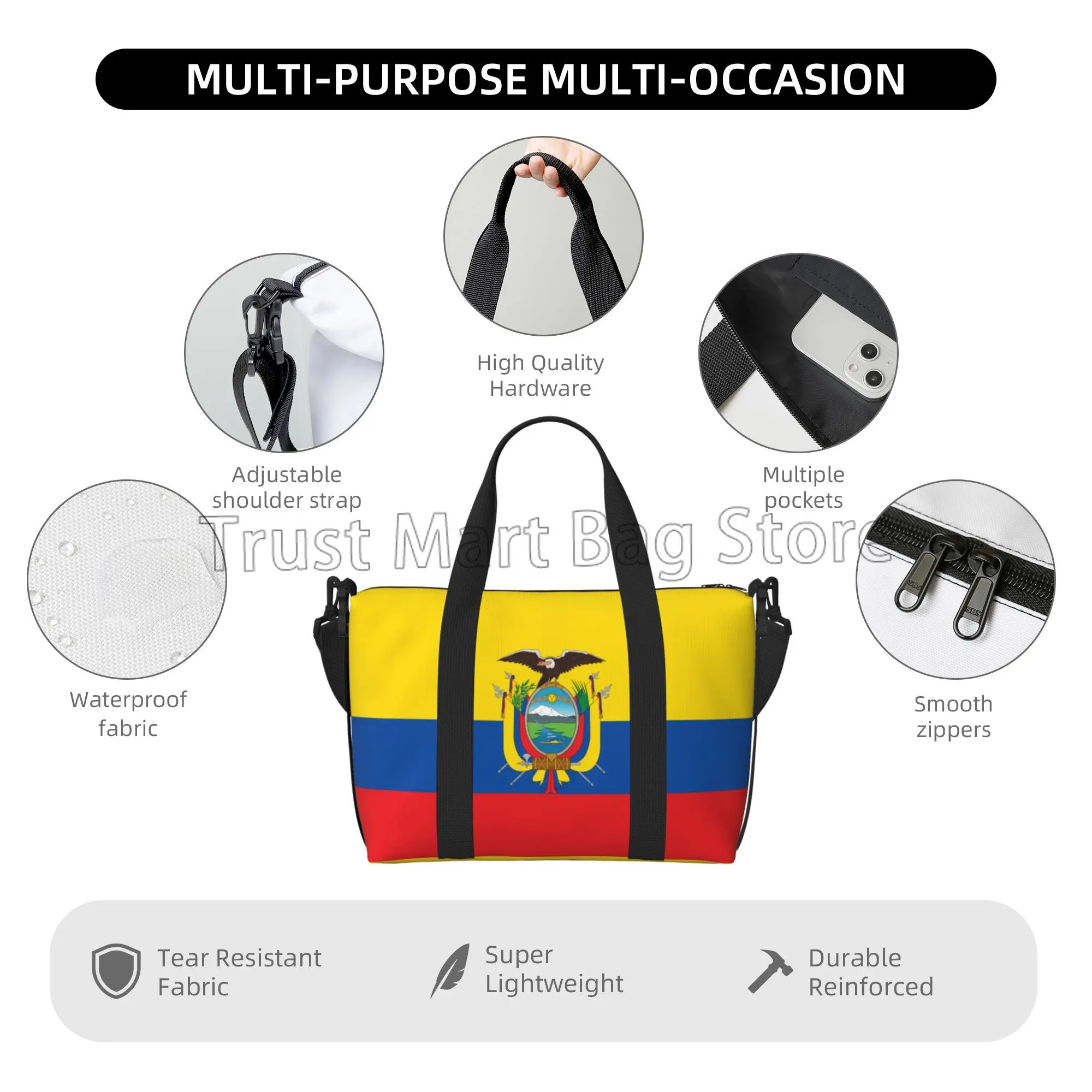 Ecuador Flag Travel Duffel Bags for Men Women Weekender Bag Carry on Overnight Bags Multipurpose Waterproof Sports Gym Yoga Bag