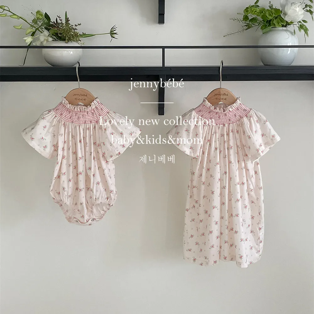 

2024 Ancobear Autumn Cute Cotton Embroidery Smocked Dress Baby Girl Floral Romper Mother Daughter Matching Sisters Look Clothes