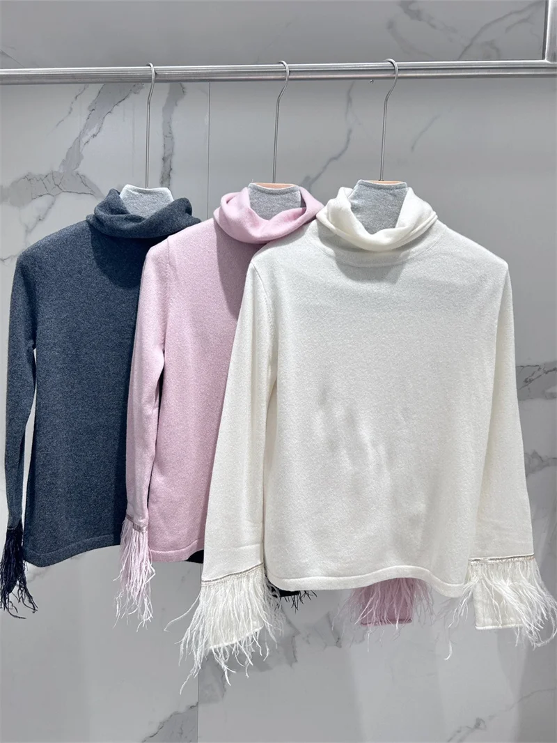 

2023 New Women Turtleneck Fringe Long-Sleeved Sweater Lady Autumn Winter 100% Cashmere Solid Color Bottoming Knitted Pullover
