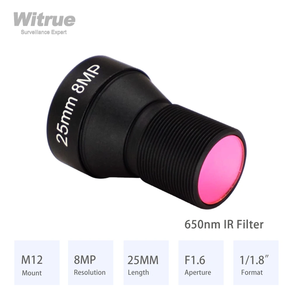 Camera Lens HD 4K 8MP CCTV lens 25MM M12 Mount Low Distortion Aperture F1.6 Format 1/1.8" 650nm IR filter for Action Camera