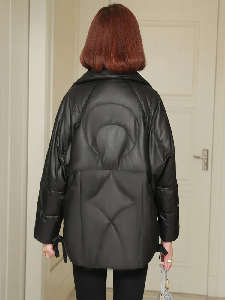 Winter Stand Collar Windproof Women Thick Warm Sheepskin Genuine Leather Down Jacket Oversized Loose Fit Overcoat Vintage Coat