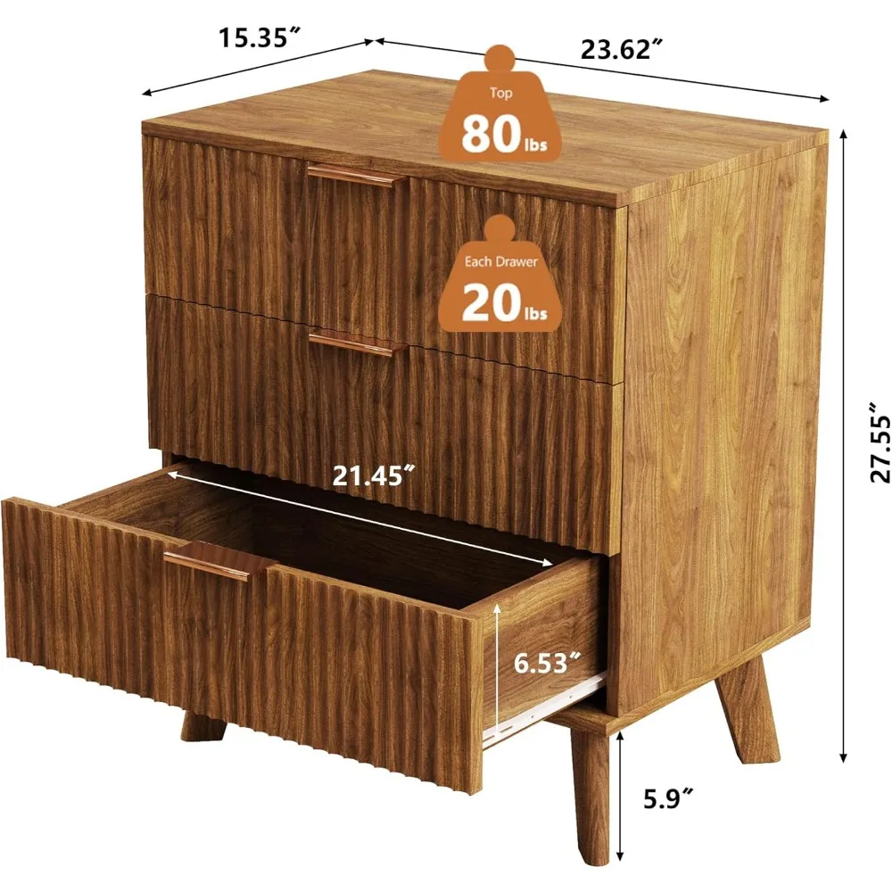 Mid Century Modern Dresser, 3 Drawer Dresser for Bedroom Wood, 3 Drawer Nightstand Set of 2, Storage Cabinet Side Table 3