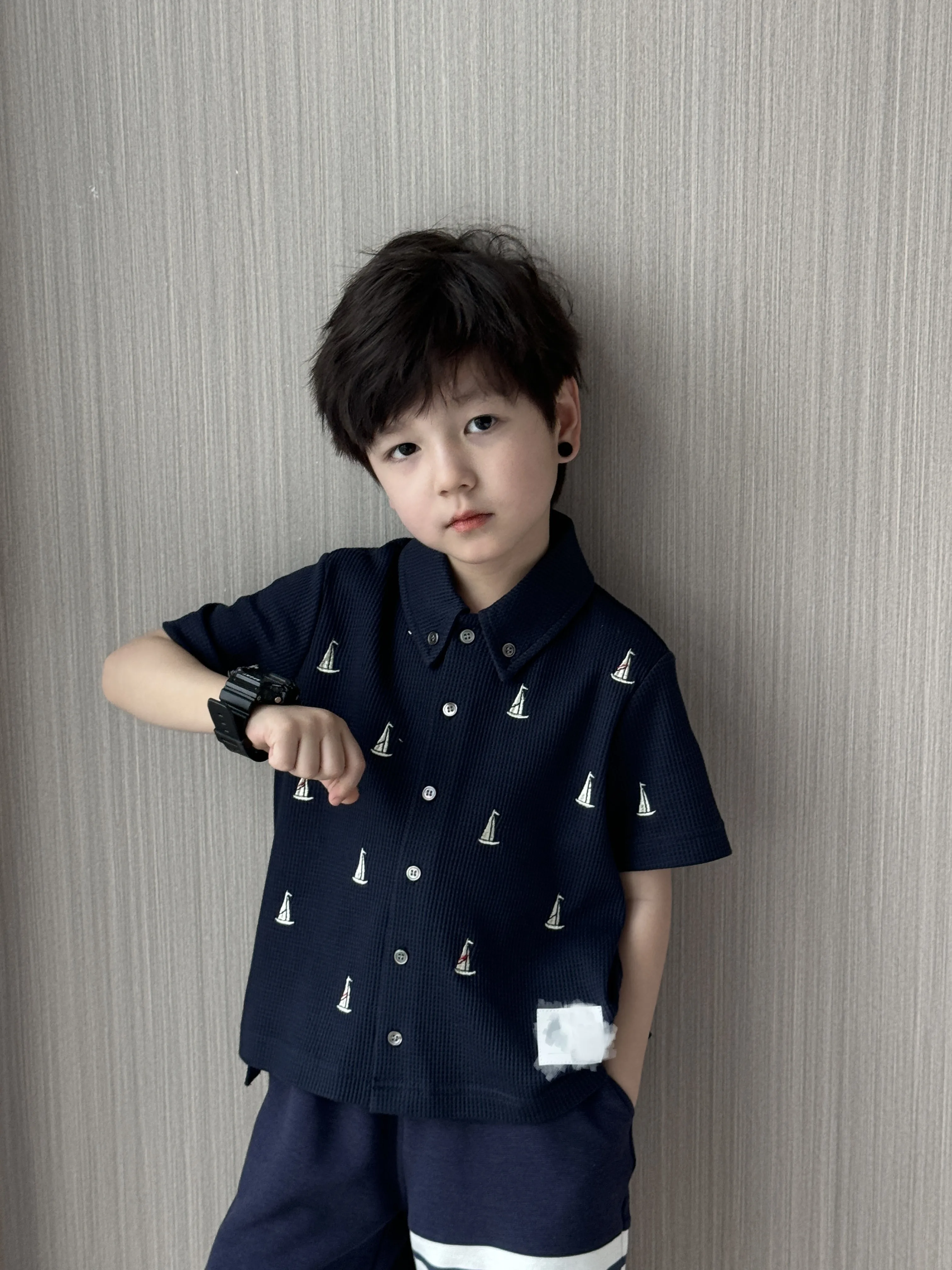 

Tb Style 24 Spring And Summer New For Boys College Style Sailboat Embroidered Waffle Short Sleeve Shirt Lab Cici