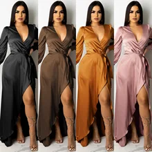 

2021 autumn and winter fashion sexy solid color women's deep V straps long-sleeved slit dress