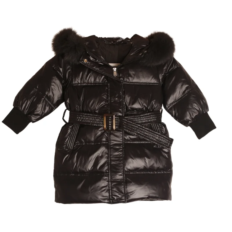 Fashion Girl Black Long Down Jacket 2022 New With Fur Collar and Hat