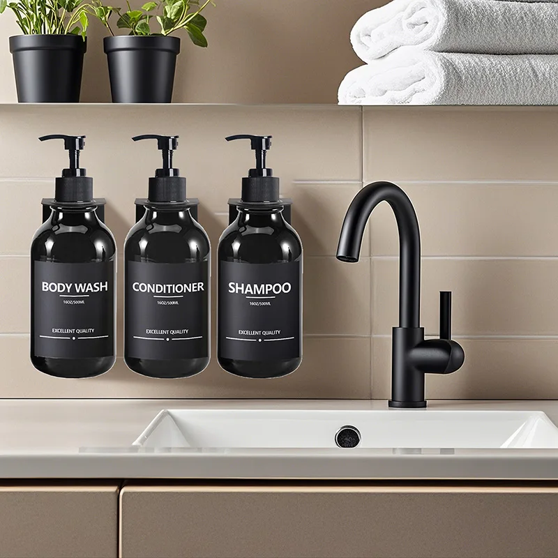 1/2/3PCS 500ml Soap Dispenser Set Black Label Sticker Bathroom Shampoo Bottle Tray Refillable Liquid Lotion Container Hook soap dispenser,shampoo dispenser,soap dispenser bottle