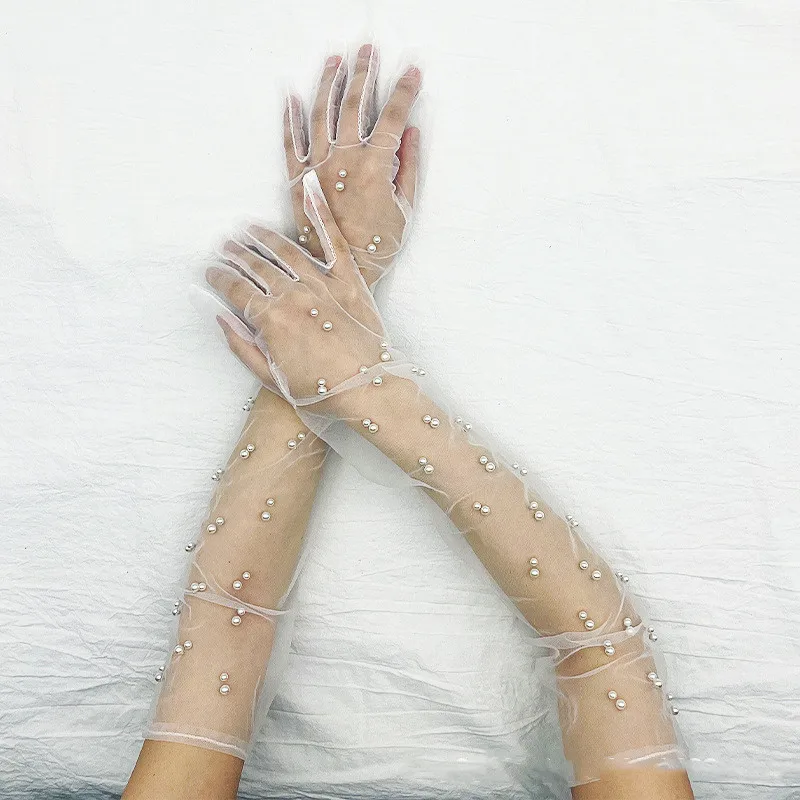 Lace Gloves Extra Long Lace Pearl Chiffon Glove Tulle Summer Mesh Anti-uv Party Wedding Fingerless Marriage Bride Women Vintage Party