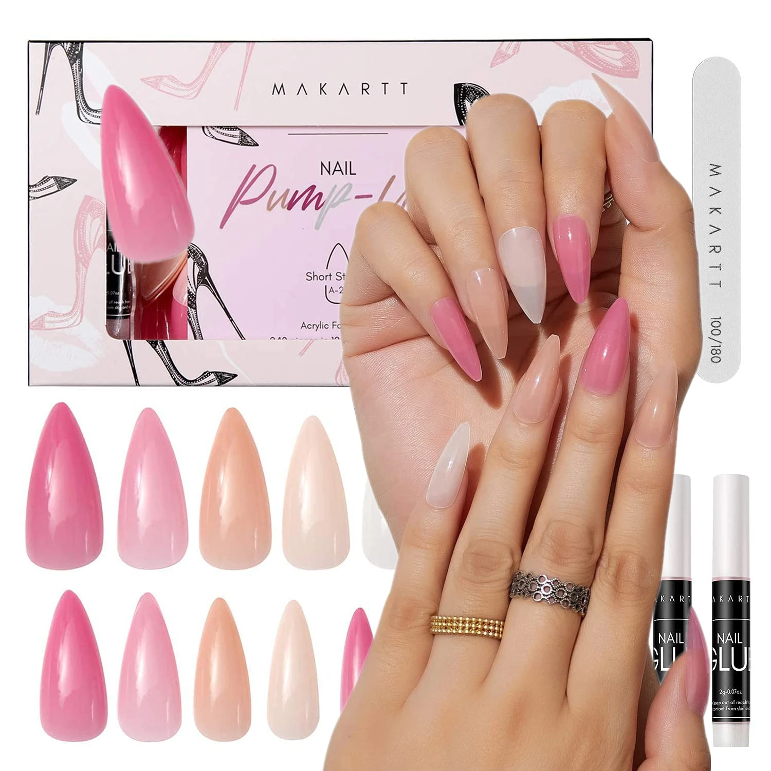 Makartt Kit de uñas acrílicas, juego de uñas de Stiletto corto, cubierta  completa, Nude, 4 Uds., 1 ud. De lima de uñas, 240 Uds.|Uñas postizas| -  AliExpress