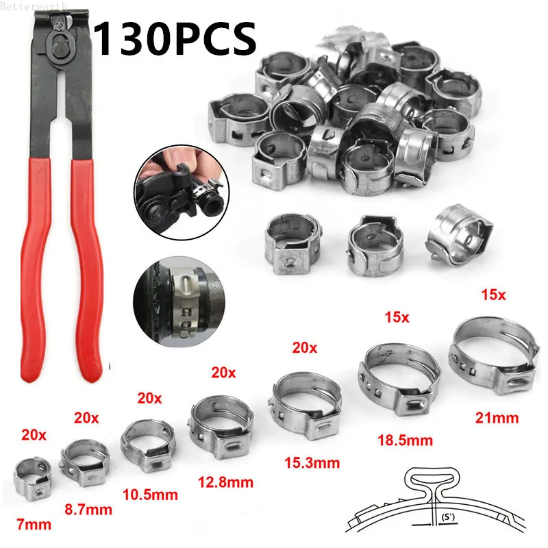 

130pcs Single Ear Stepless Hose Clamps +1PC Hose Clip Clamp Pliers 7-21mm 304 Stainless Steel Hose Clamps Cinch Clamp Rings