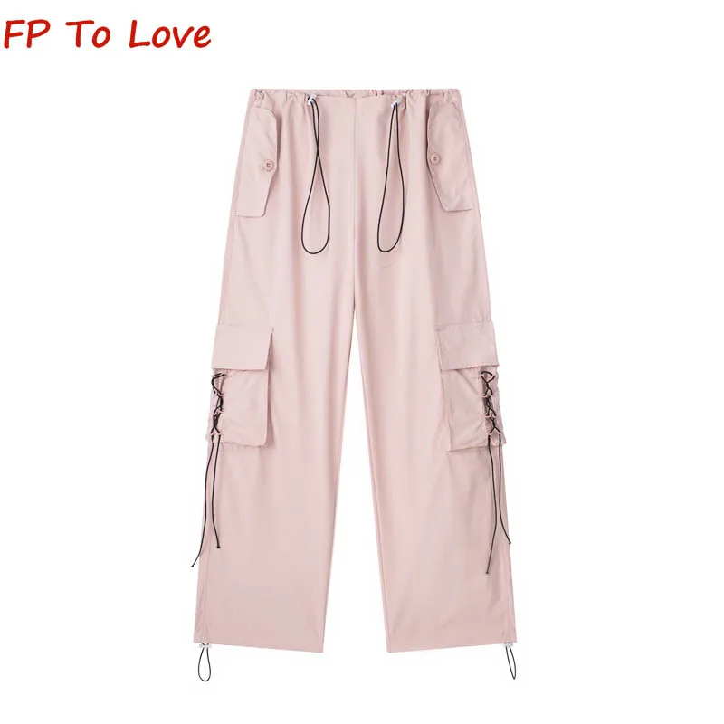 

Y2K Pink American Retro Casual Drawstring Work Pants Haze Blue Street Women High Street Jazz Dance Pants Cargo Pants