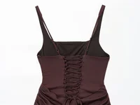 Women's Dress 2025 Autumn New Arrivals Reddish-Brown Spaghetti Strap Sexy Bodycon Mini Dress with Tie Details Stylish and Unique - Image 6