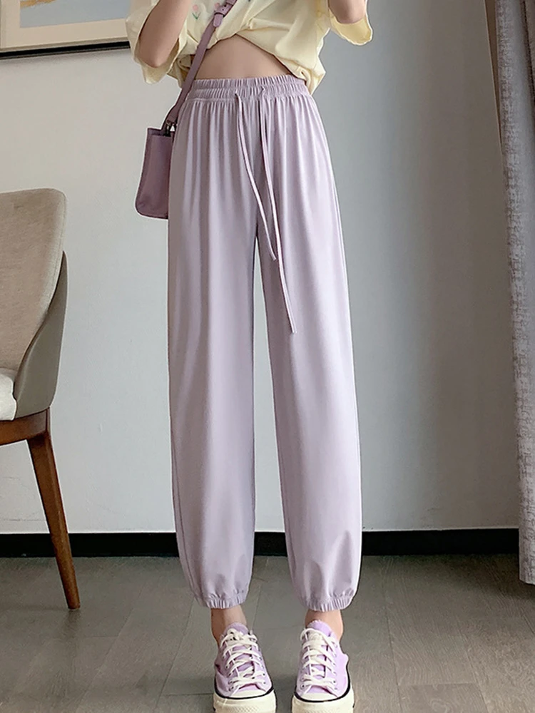 Women Bloomers Pants Spring Summer High Waist Long Thin Fabric Ankle