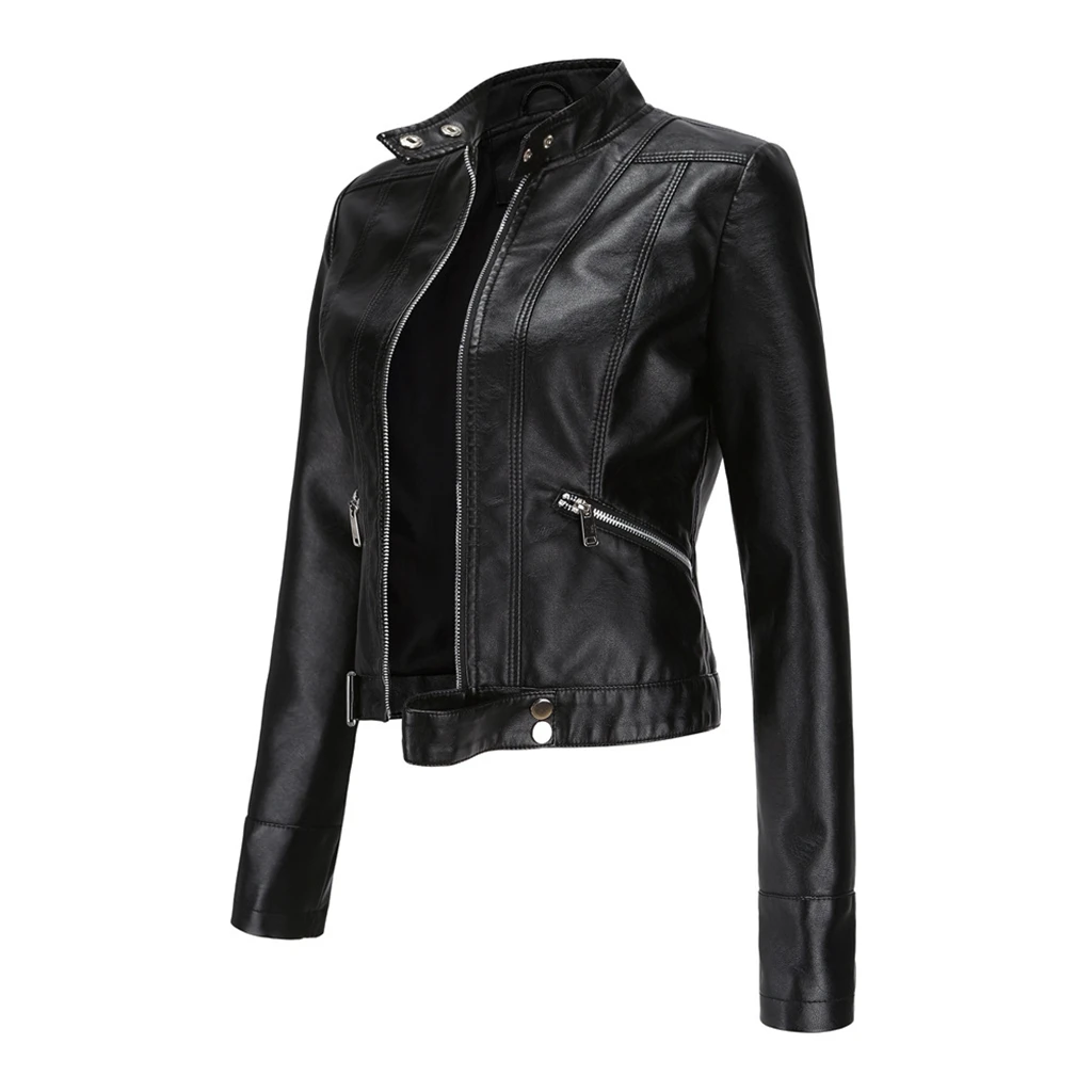 European Size Women\'s Leather Jacket Slim Fit Jacket Thin Spring Tie Straps Jacket Women\'s Motorcycle Suit Large Standing Collar