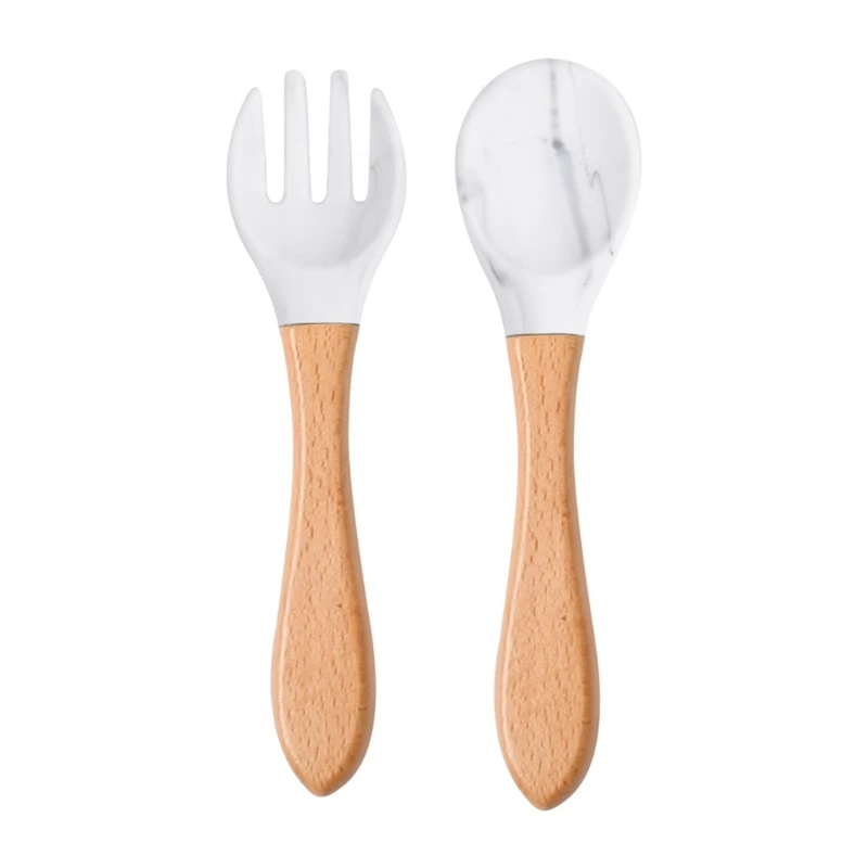 2PCS/Set Baby Feeding Spoon Fork Wooden Handle Spoon Fork Set Soft Silicone Tip Spoon Fork BPA Free Food Grade Infant Toddlers