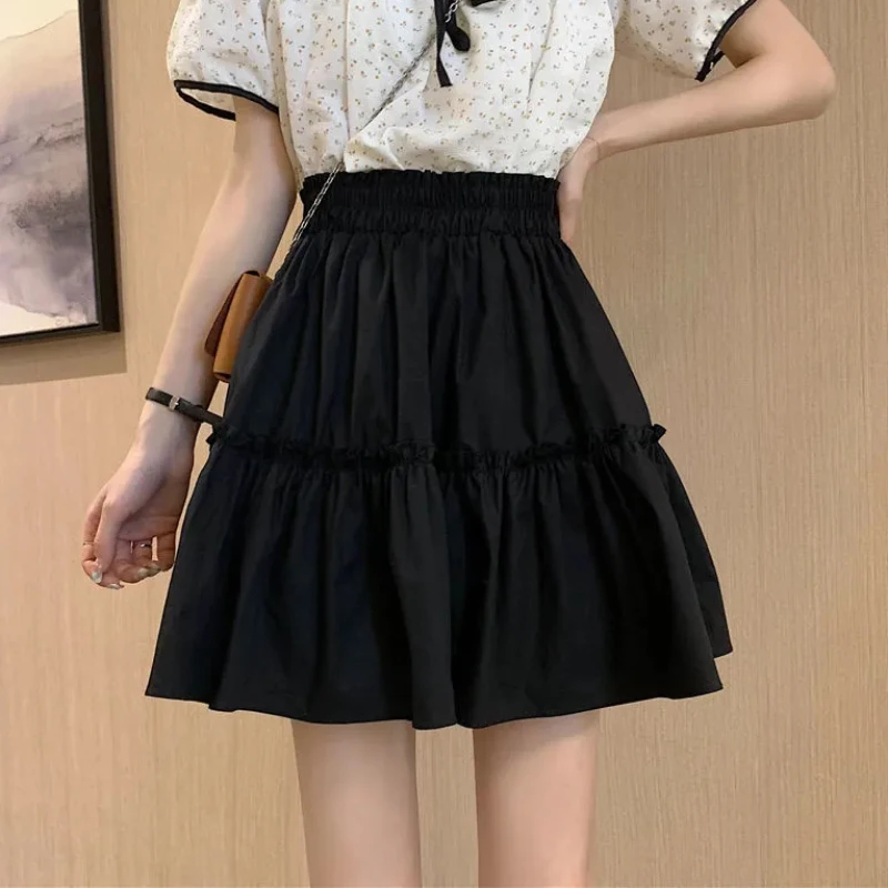 JMPRS Elegant White Women Mini Skirt Elastic High Waist A Line Fashion Ruffles Student Skirts Summer Black Casual Ladies Skirts pleated midi skirt