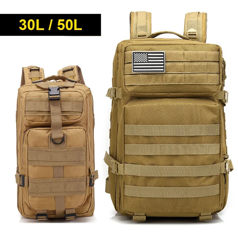 

30L or 50L Sports Trekking Hunting Nylon Tactical Backpack Men Military Hiking Bag With Flag Patch Women 3P Attack Rucksack