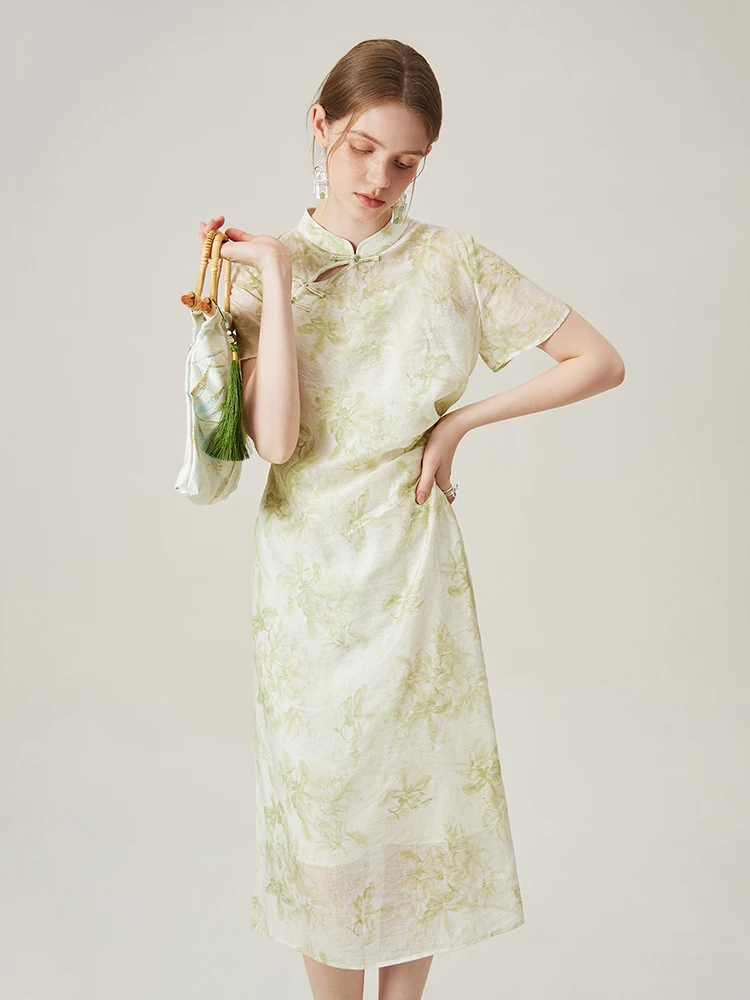 FSLE New Chinese Style Camisole Skirt+Green Floral Dress Two Sets Waist Pleated Design Short Sleeve Stand Collar Dress 24FS12289