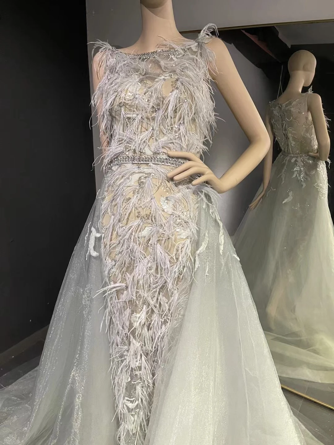 

SoAyle Elegant Noble Gentle Wind Off Shoulder White Feather Temperament Gauze Skirt Dance Show Party Evening Dress YP2937