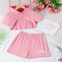 Three Piece Summer Girl Cute Letter Print Double Shoulder Suspender Jacket Shorts Princess Casual Daily Birthday Party Dress