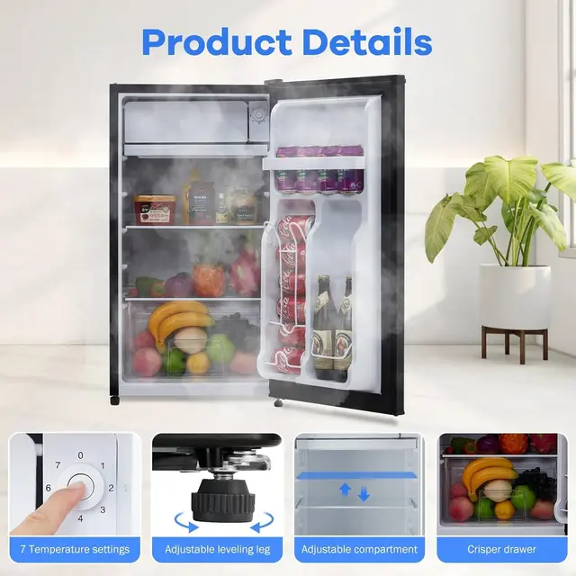 4.3 Cu.Ft Mini Fridge With Freezer, Single Door Small Refrigerator, 7 Settings Temperature Adjustable, Low Noise, For Home, RV 2