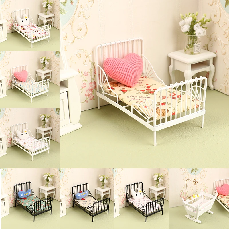 

1Set 1:12 Dollhouse Miniature Iron European Bed Cradle Bed with Mattress Cushion Hanging Ornaments Furniture Bedroom Decor Toy