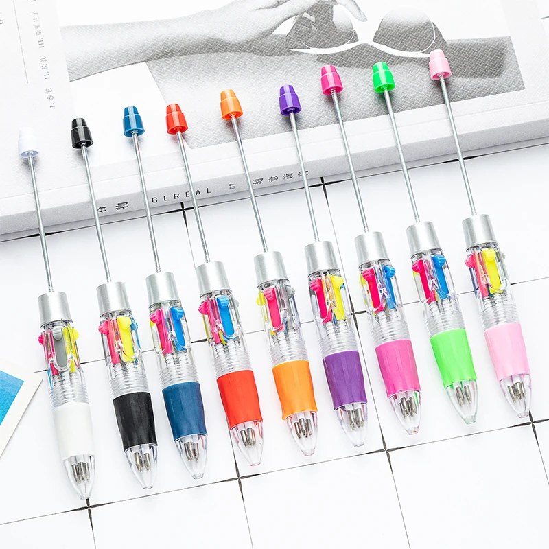 

13Pcs DIY Beaded Four-color Ballpoint Pens Cute Student Multi-color Beaded Pen Press Plastic Pen