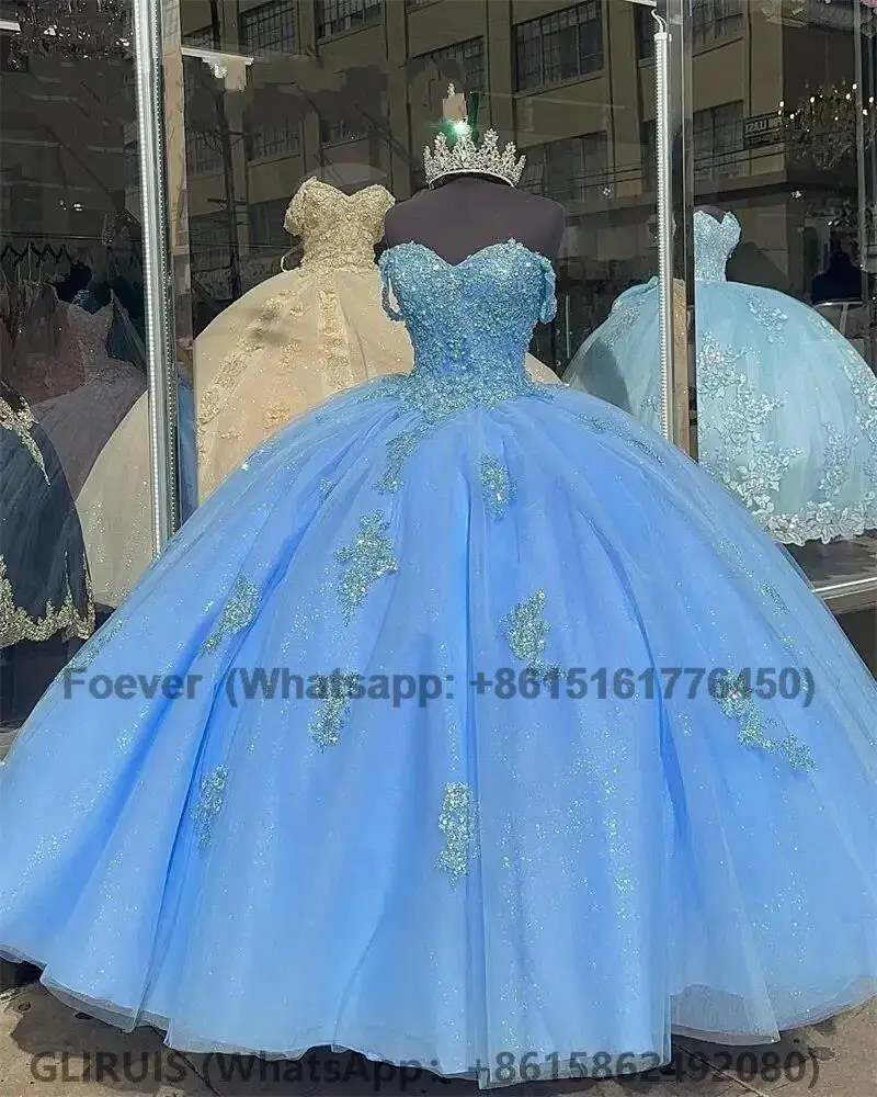 

Sky Blue Off The Shouler Ball Gown Quinceanera Dresses For Girls 2023 Beaded Celebrity Party Gowns Appliques Graduation Vestido