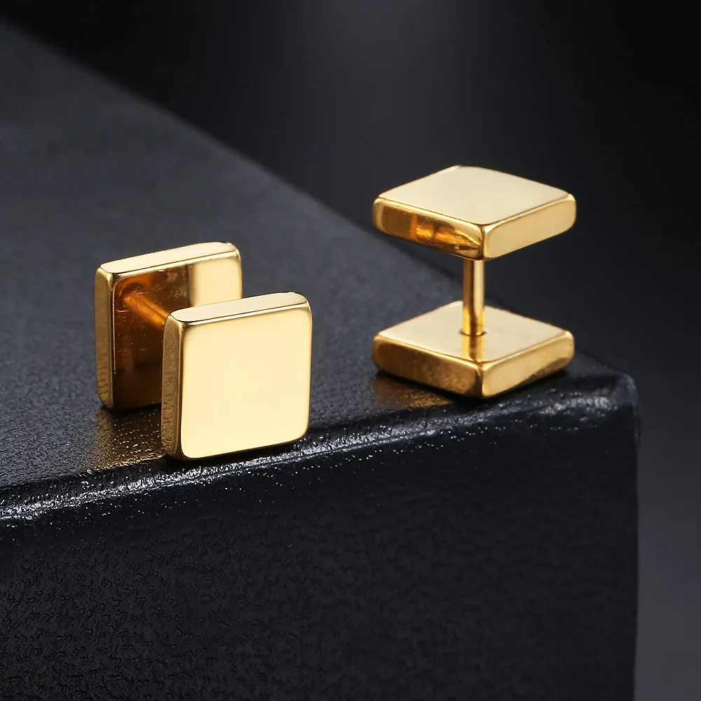 Hiphop Simple Style Triangle Square Earrings For Men Women Smooth Surface Gold Color Geometry Stud Earings Ear Jewelry Trendy
