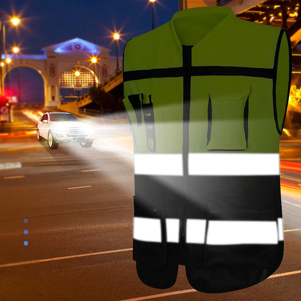 맞춤형 로고 투톤 안전 조끼 (포켓 및 지퍼 포함) 고시인성 건설 작업 조끼 고시인성 작업복