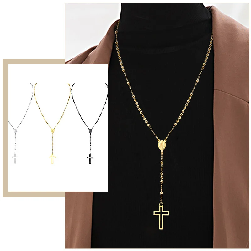 Collana Jungfrau Maria – Croce Rosario Placcata Oro 14K, Regolabile, Gioiello Religioso Cattolico Per Donna