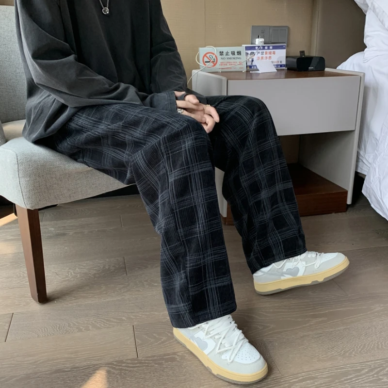 Wide Leg Pants Men Casual High Street Ins Fashion Plaid Korean Style Elastic Waist