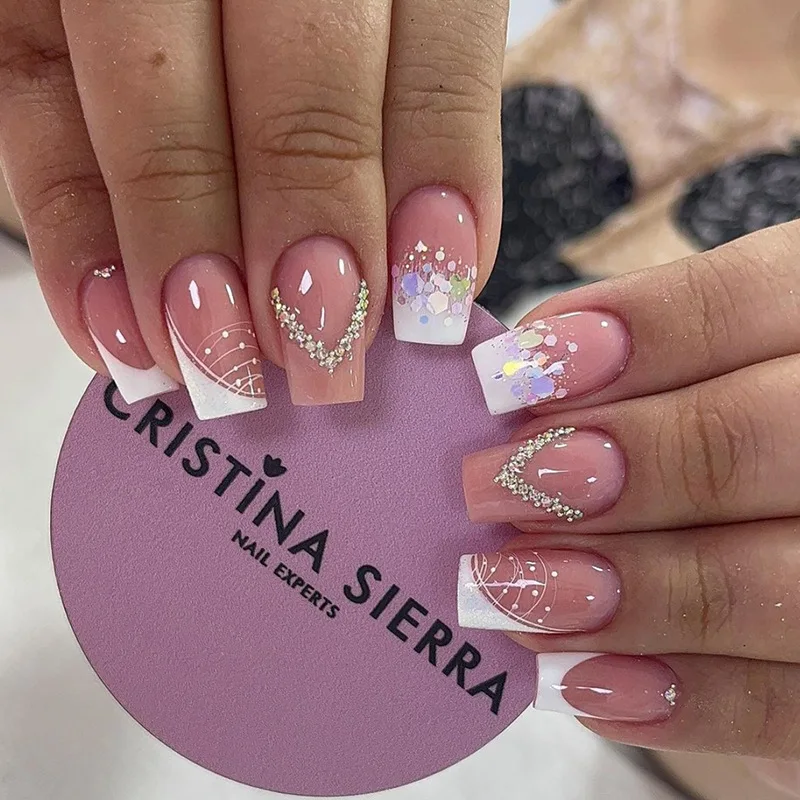 

24Pcs Simple French False Nails Glitter Pink Fake Nails with Broken Diamond Short Square Manicure Wearable Fake Press on Nails