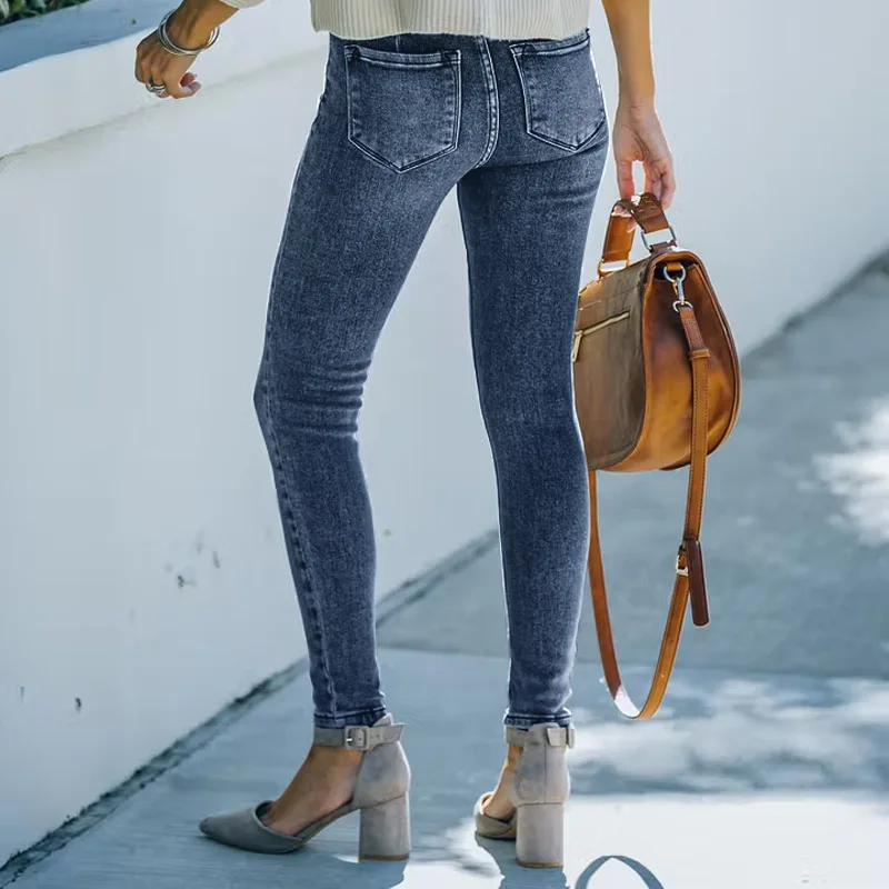 Blue Ladies Jeans High Waist Slim Skinny Blue Pants Long Length Stretchy Women Jeans Trousers