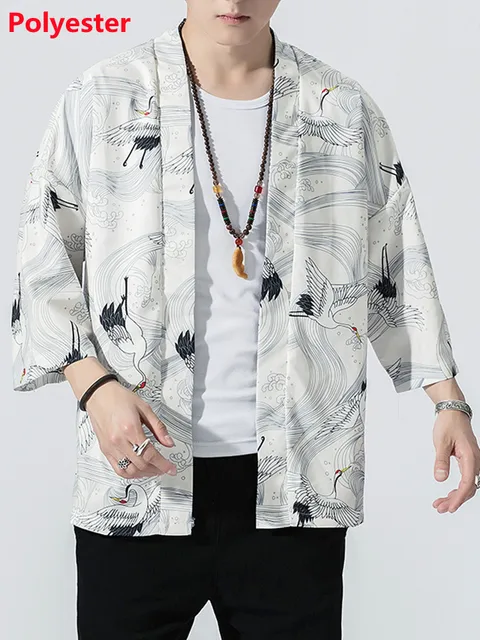 Crane Embroidery Haori Kimono Harajuku Japanese Style Plus Size Men Samurai Costume Yukata Asian Clothes Cardigan Women Jacket 711 white
