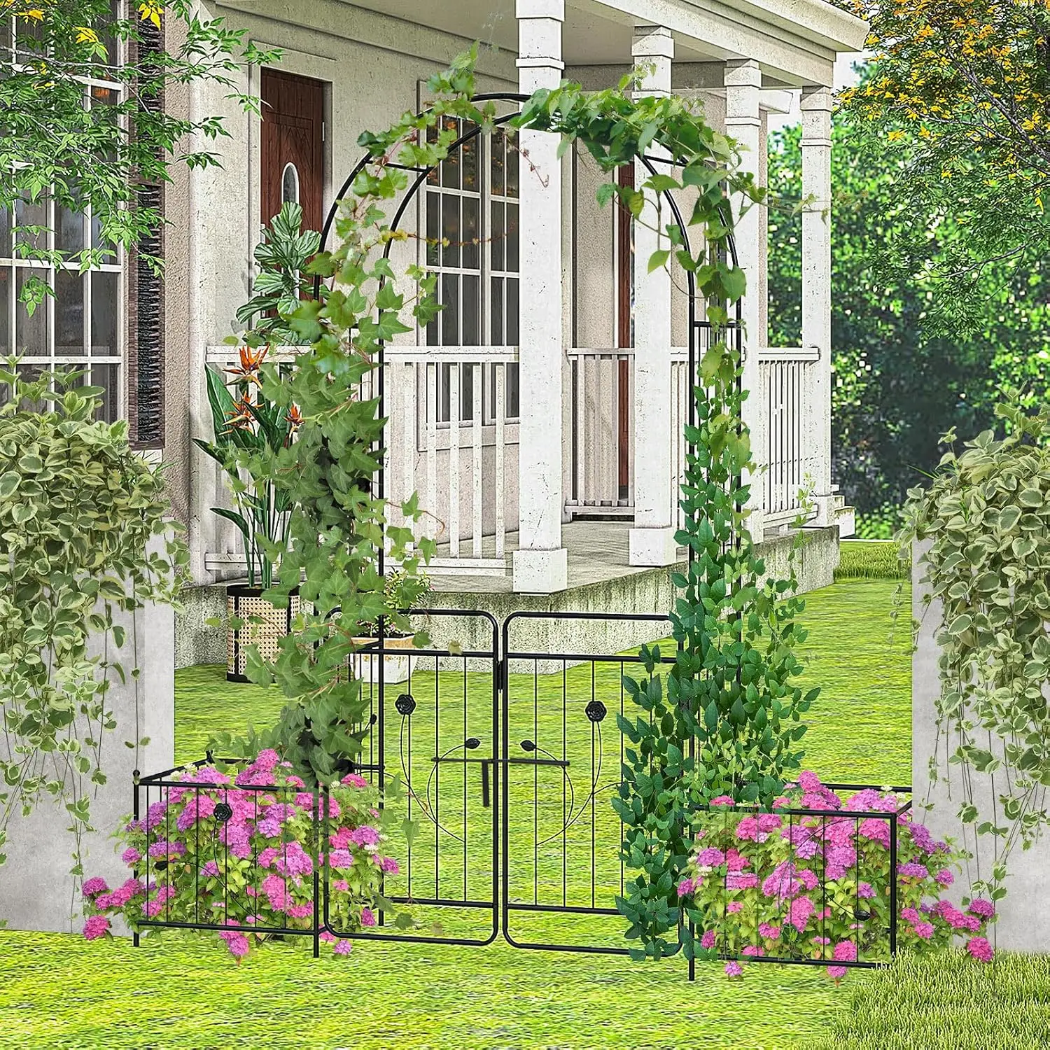 87-Inche Garden Arbor with Gate & Side Planter Box, Metal Garden Arch with Lockable Gate, Arched Top Arbour, Heavy-Duty Arched