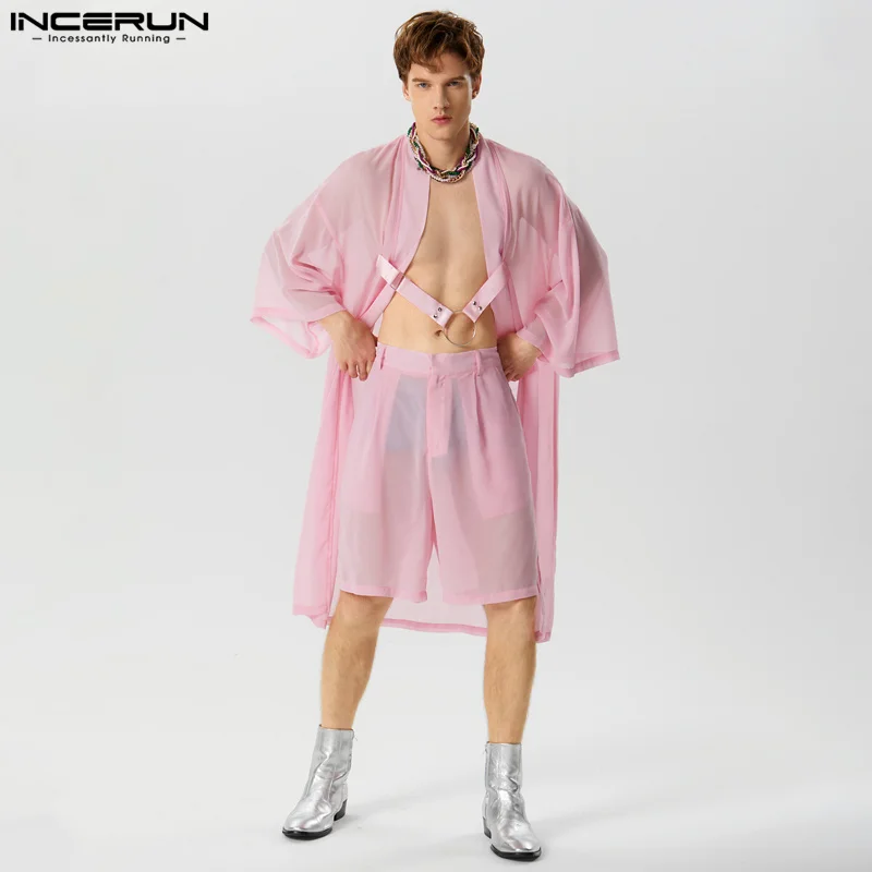 

INCERUN 2023 Men Sets Mesh Transparent Loose Half Sleeve Long Style Cardigan & Shorts 2PCS Streetwear Fashion Men's Suits S-5XL