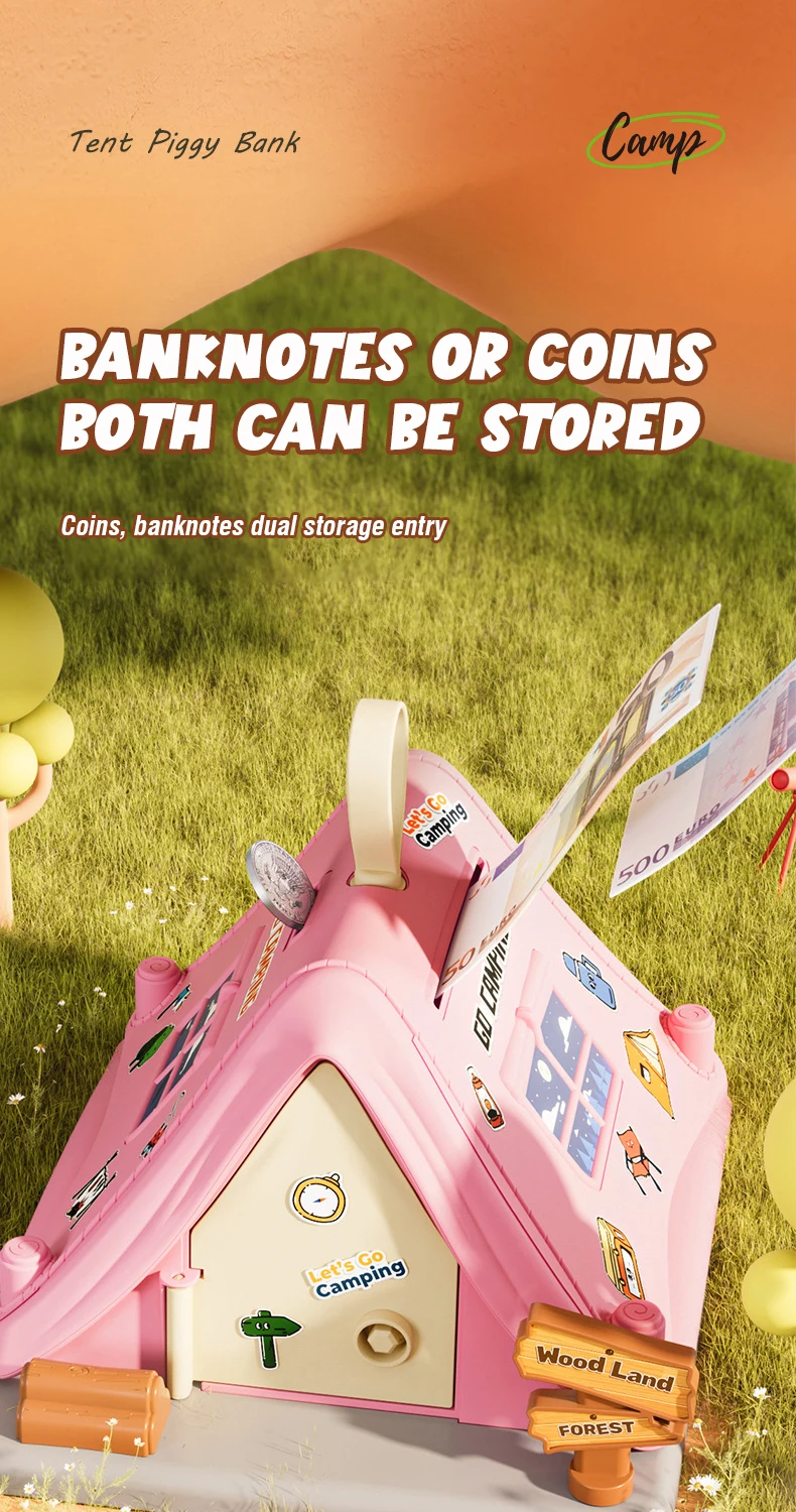 Tent Piggy Bank Key Lock Money Saving Box Cash Coin Deposit Storage ATM Machine Pretend Play Educational Toy Kid Birthday Gift