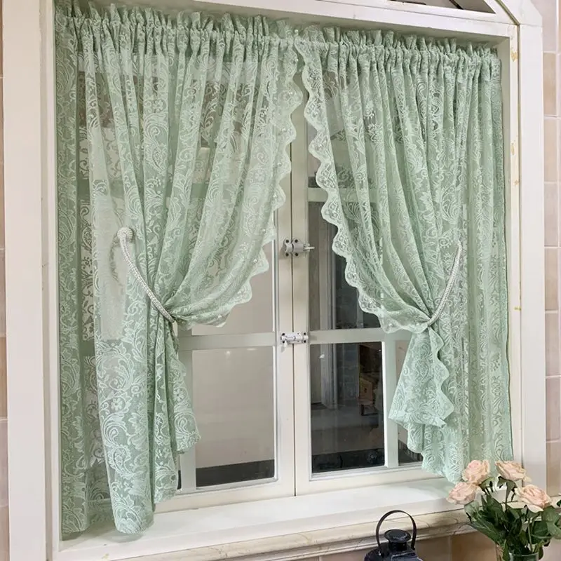 Rural Romantic Mint Green Short Curtain Lace Pearls Embroidered