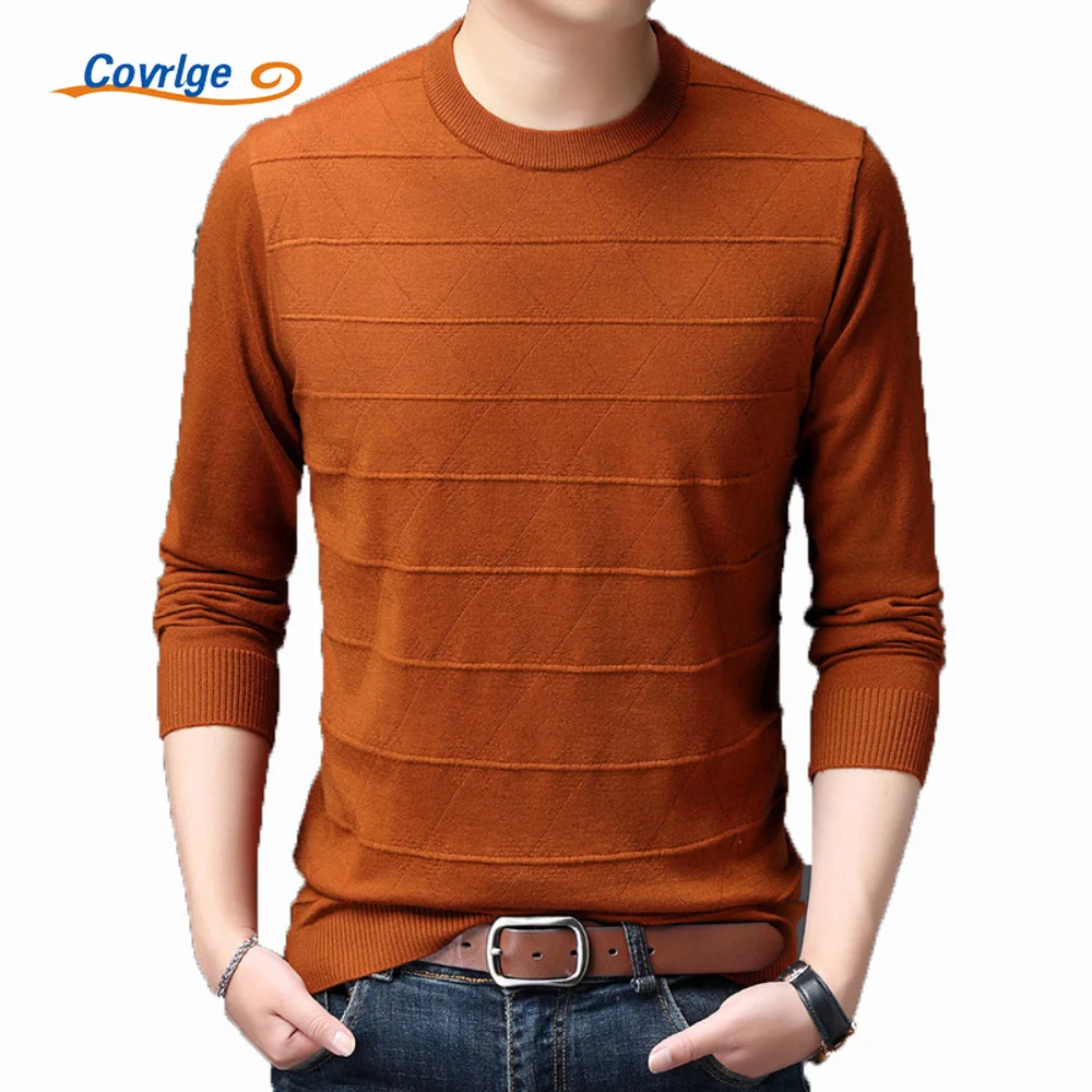 Covrlge Men's Autumn O-Neck Jacquard Thin Sweater 6% Wool Dark Stripe Knit Sweaters Solid Color Casual Long Sleeve Male MZM206