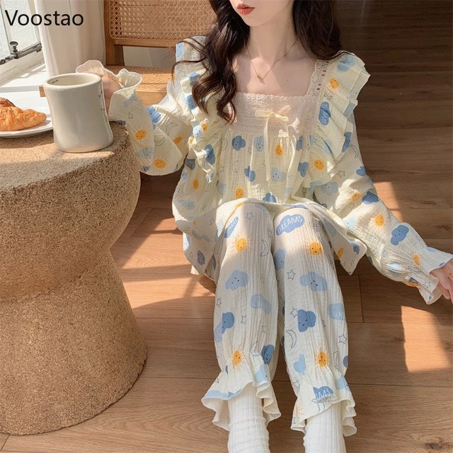 Cute Lolita Princess Pajamas Women Sweet Bow Ruffles Cartoon Print Sleepwear Pijamas Long Sleeve Home Wear Female Kawaii Pyjamas - Pajama Sets -