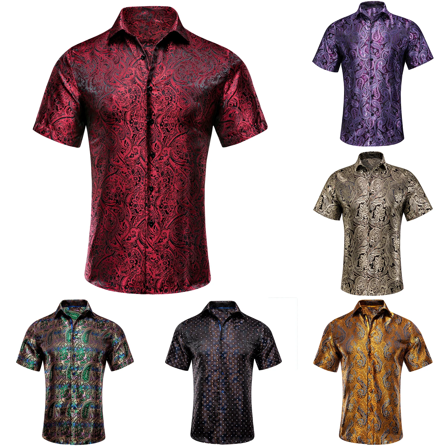 

Silk Mens Shirts Short Sleeves Red Blue Green Teal Jacquard Floral Paisley Spring Summer Shirt Blouse For Male Business Wedding