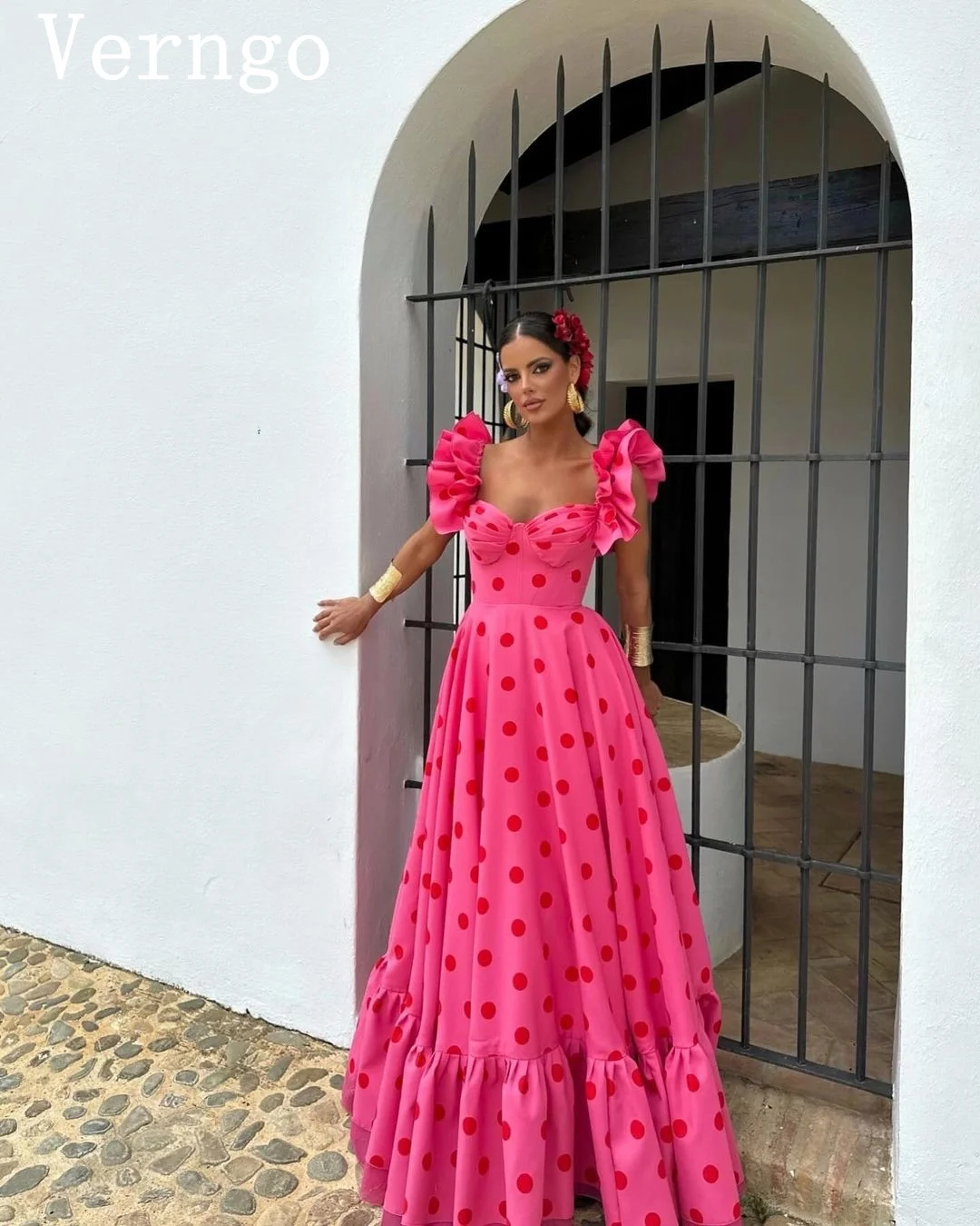 

Verngo Pink Printed Prom Gown Sweetheart A Line Evening Dress Women Short Puff Sleeves Party Dress Floor Length Prom Dress