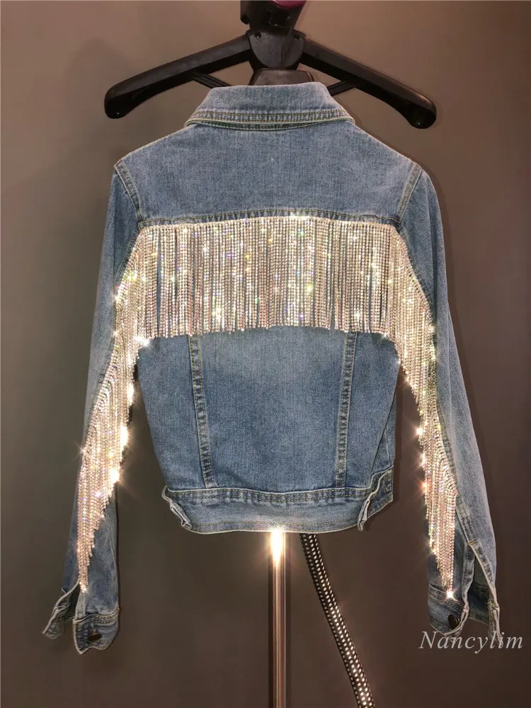 New Bling Rhinestone Tassel Chain Short Denim Jacket Woman Slim Blue Lapel Denim Jackets Ladies Jean Coat Chaqueta Mujer jeans women 2023 fall ladies european fashion full diamond rhinestone casual baggy denim pants women s simple streetwear jeans