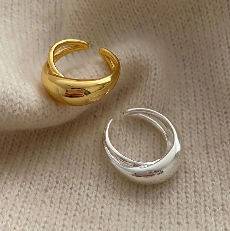Silver Rings Silver Ring PANJBJ 925 Sterling Silver Wide Smooth Ring for Women Girl Irregular Simple Fashion Adjustable Jewelry Gift
