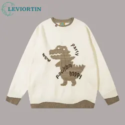 Mens Knitted Sweaters Cartoon Dinosaur Embroidery Harajuku Casual Pullover Jumpers Streetwear Autumn Hip Hop Loose Y2K Clothing